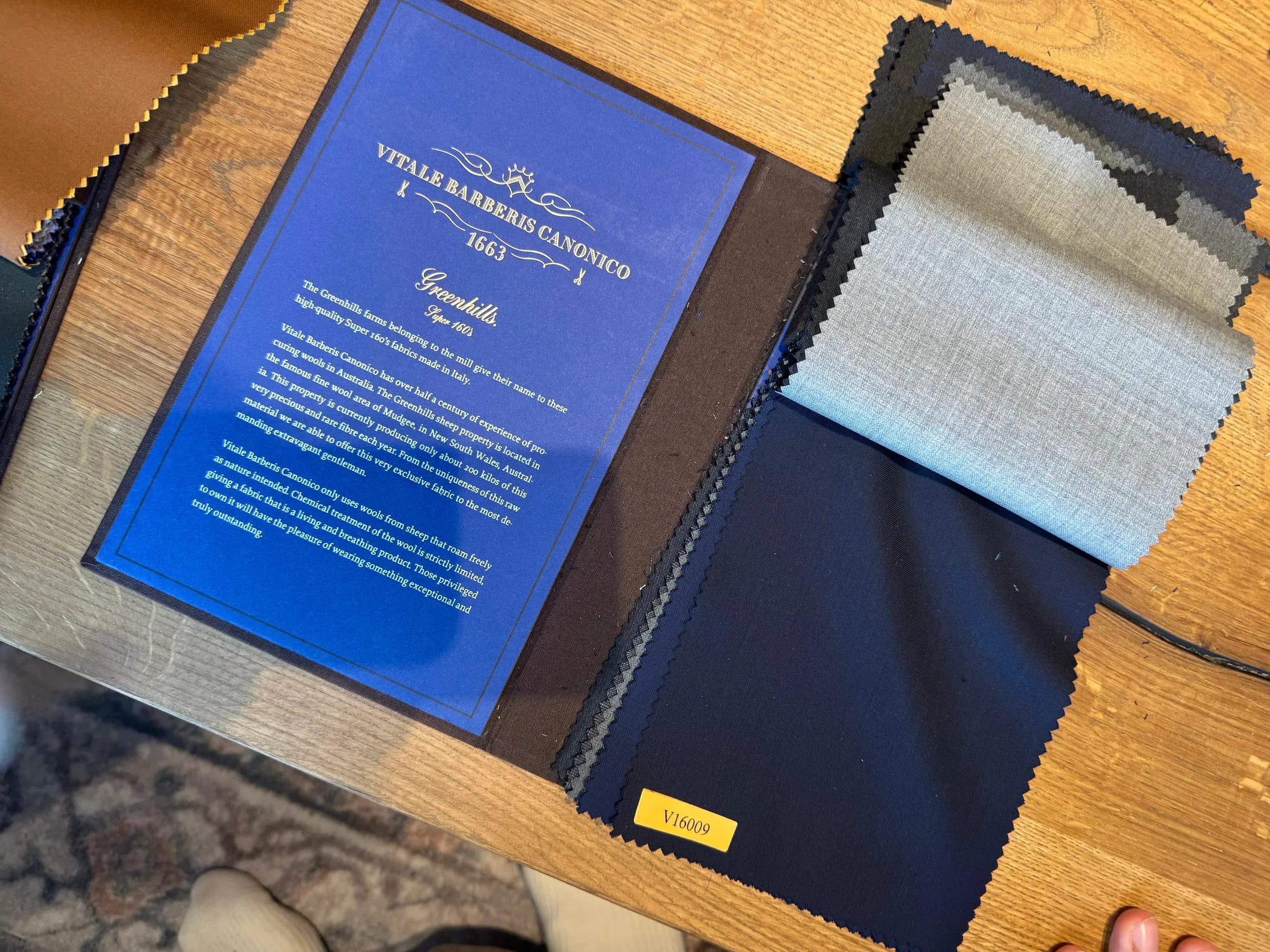 VBC Greenhills Super 160s book with navy, charcoal and light grey ultra-fine wool swatches