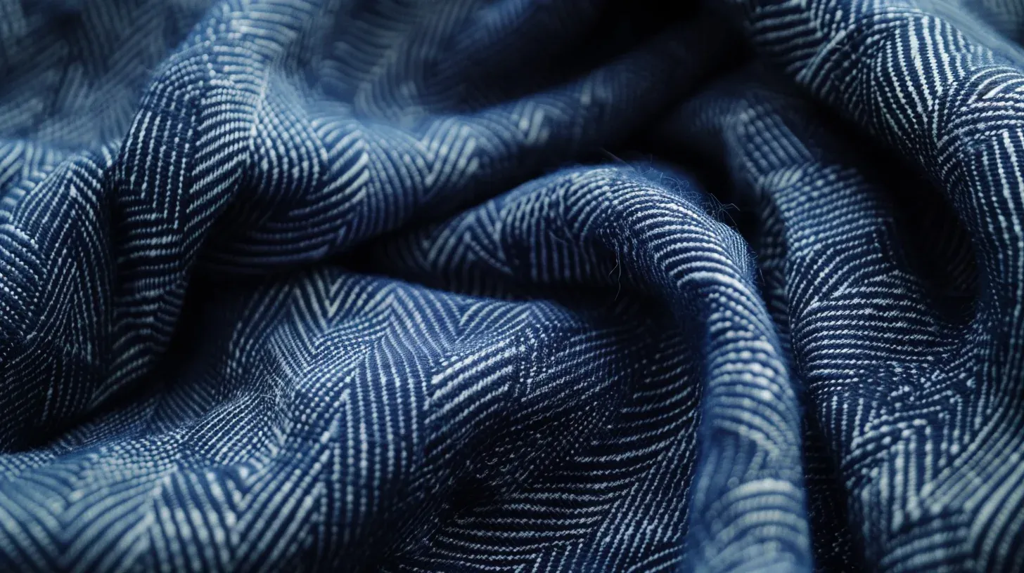 Breathable blue and white herringbone linen cloth draped to show its texture