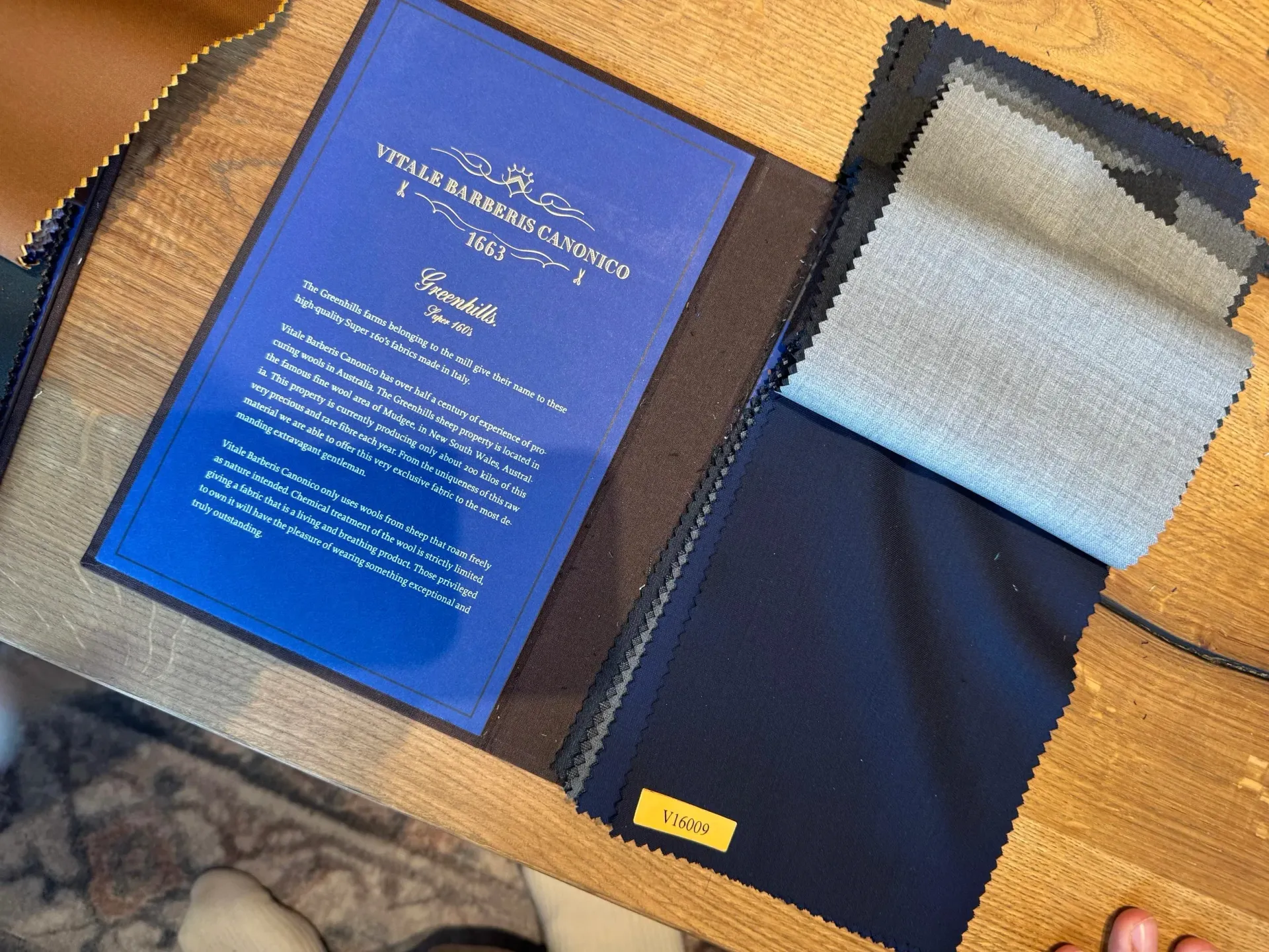 VBC Greenhills Super 160s book with navy, charcoal and light grey ultra-fine wool swatches