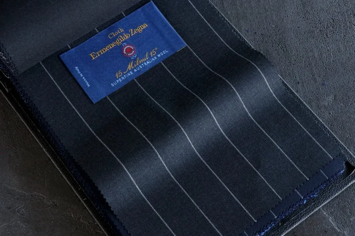 Navy Zegna Trofeo wool with chalk pinstripes and blue Ermenegildo Zegna label