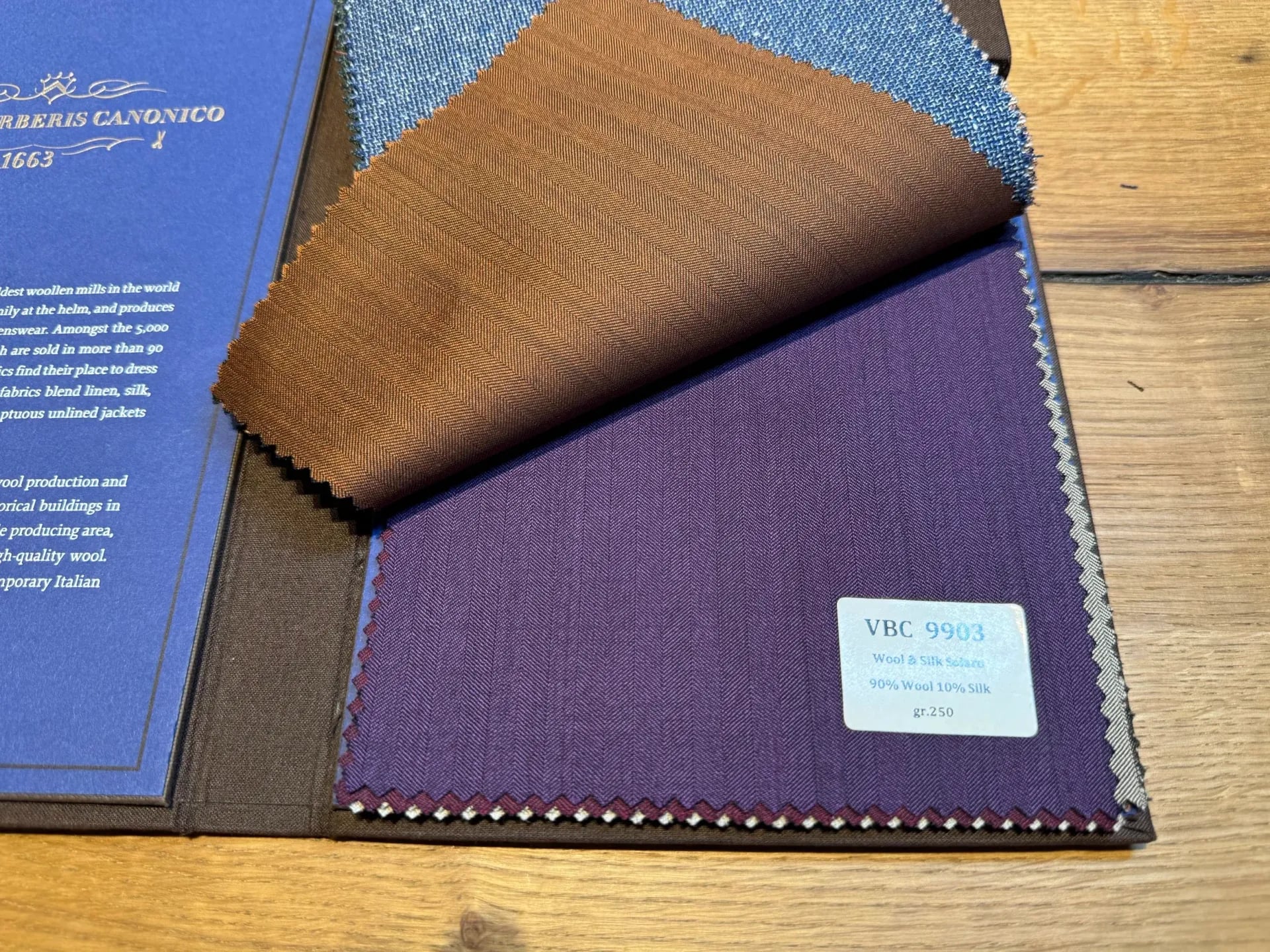 VBC Solaro wool-silk swatches with iridescent golden-brown and purple two-tone effect
