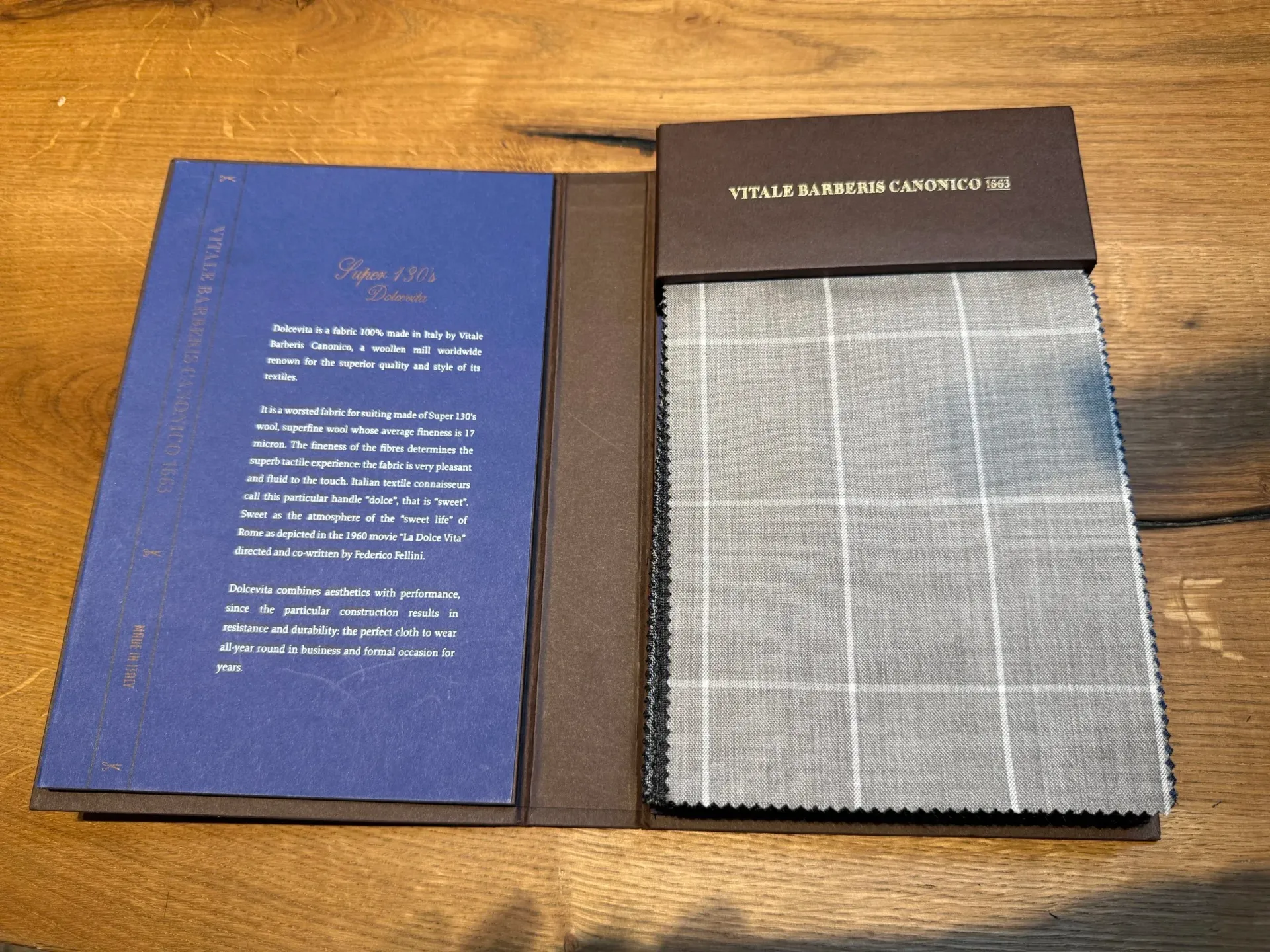 VBC Dolcevita Super 130s book showing ultra-smooth light grey windowpane check wool