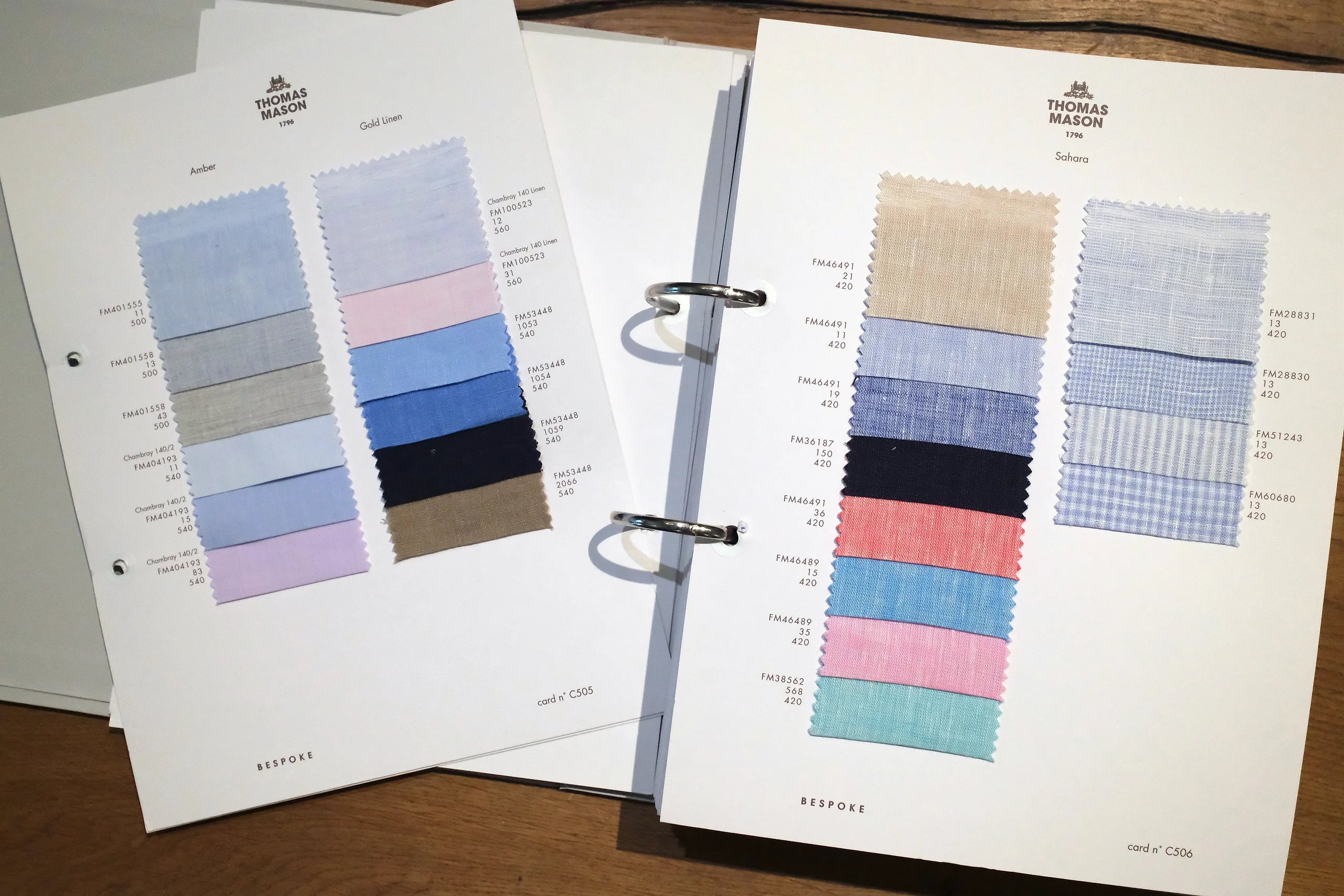 Thomas Mason Amber and Gold Linen chambray shirting swatches at Endel Tailor Bangkok