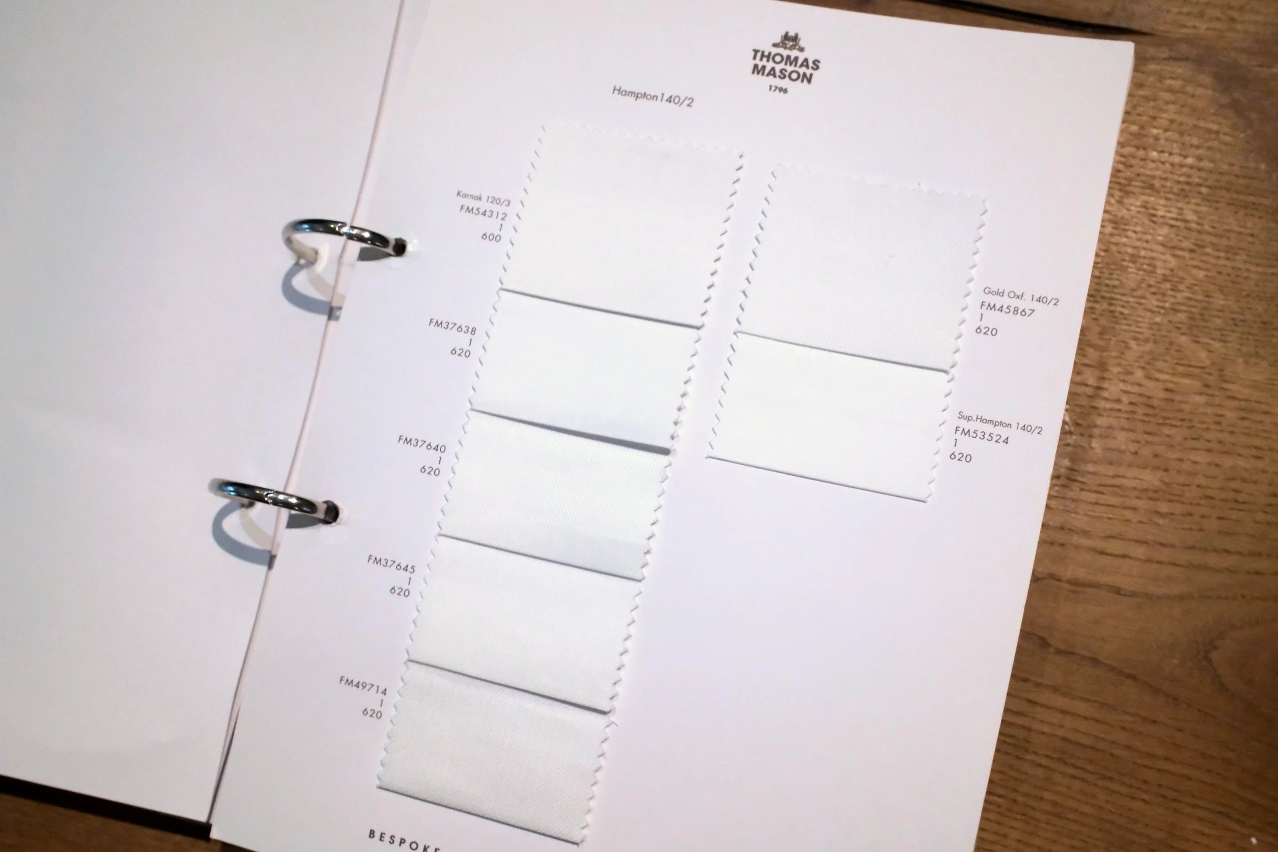 Thomas Mason Hampton and Super Hampton 140/2 white shirting swatches at Endel Tailor Bangkok