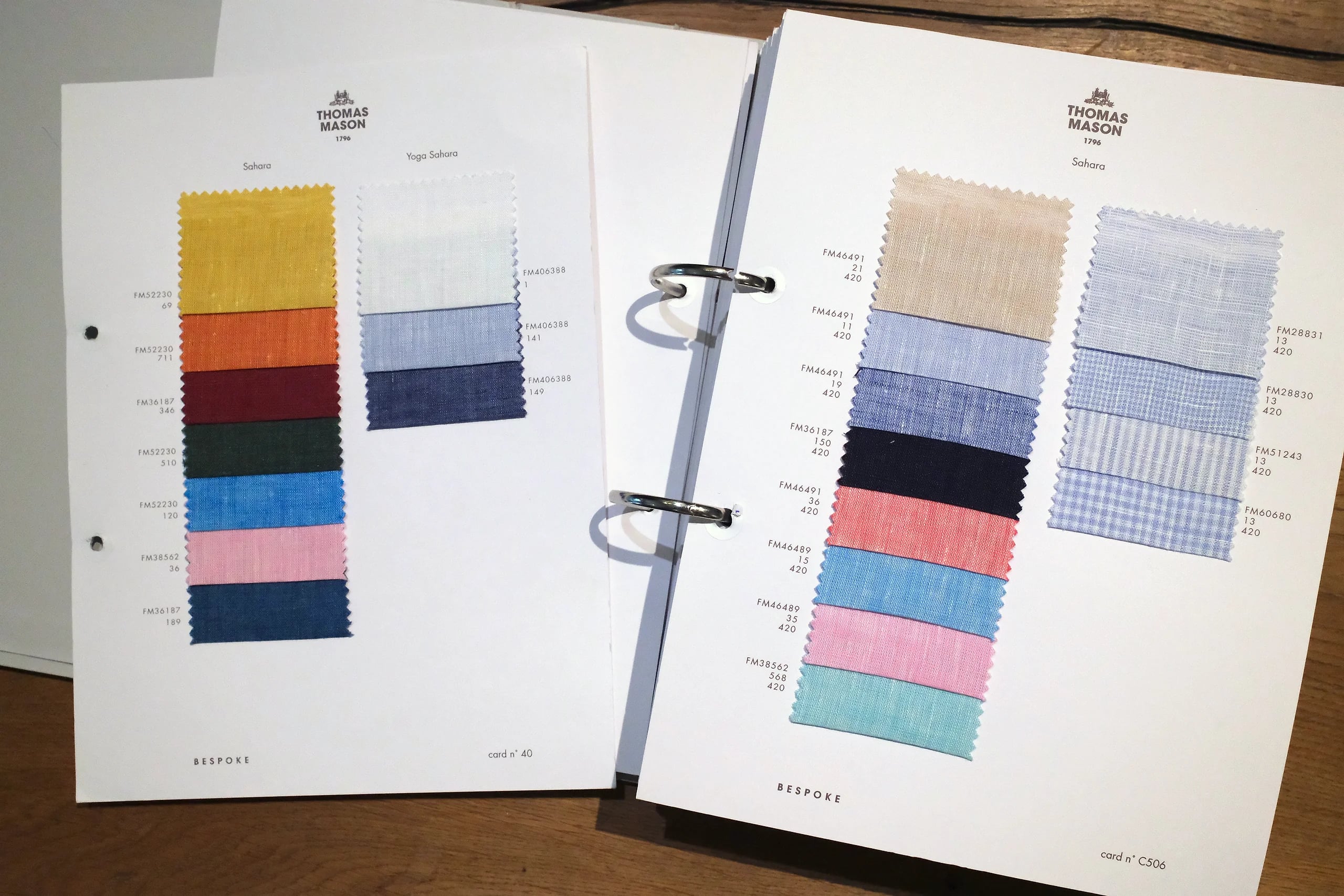 Thomas Mason Sahara and Yoga Sahara linen shirting swatches at Endel Tailor Bangkok
