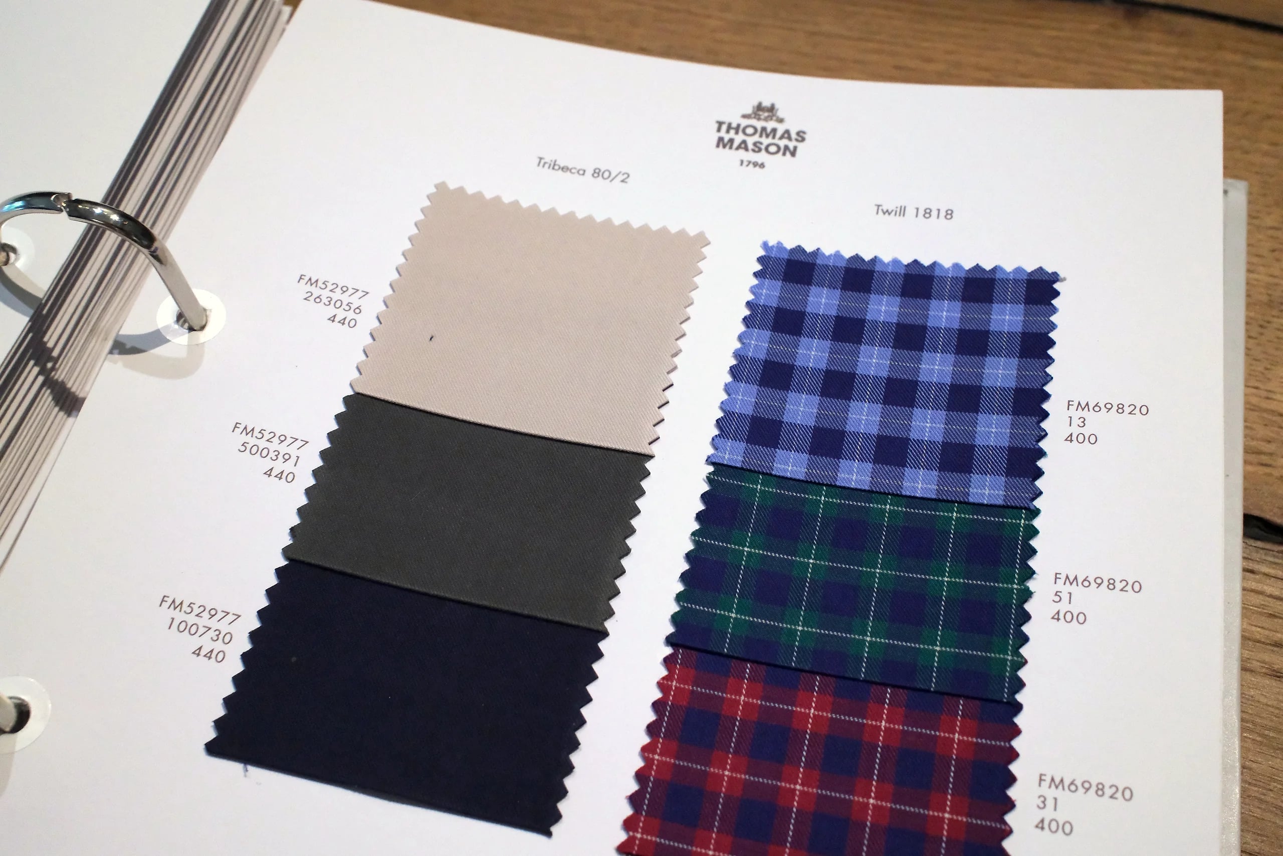 Thomas Mason Twill 1818 tartan and Tribeca 80/2 shirting swatches at Endel Tailor Bangkok