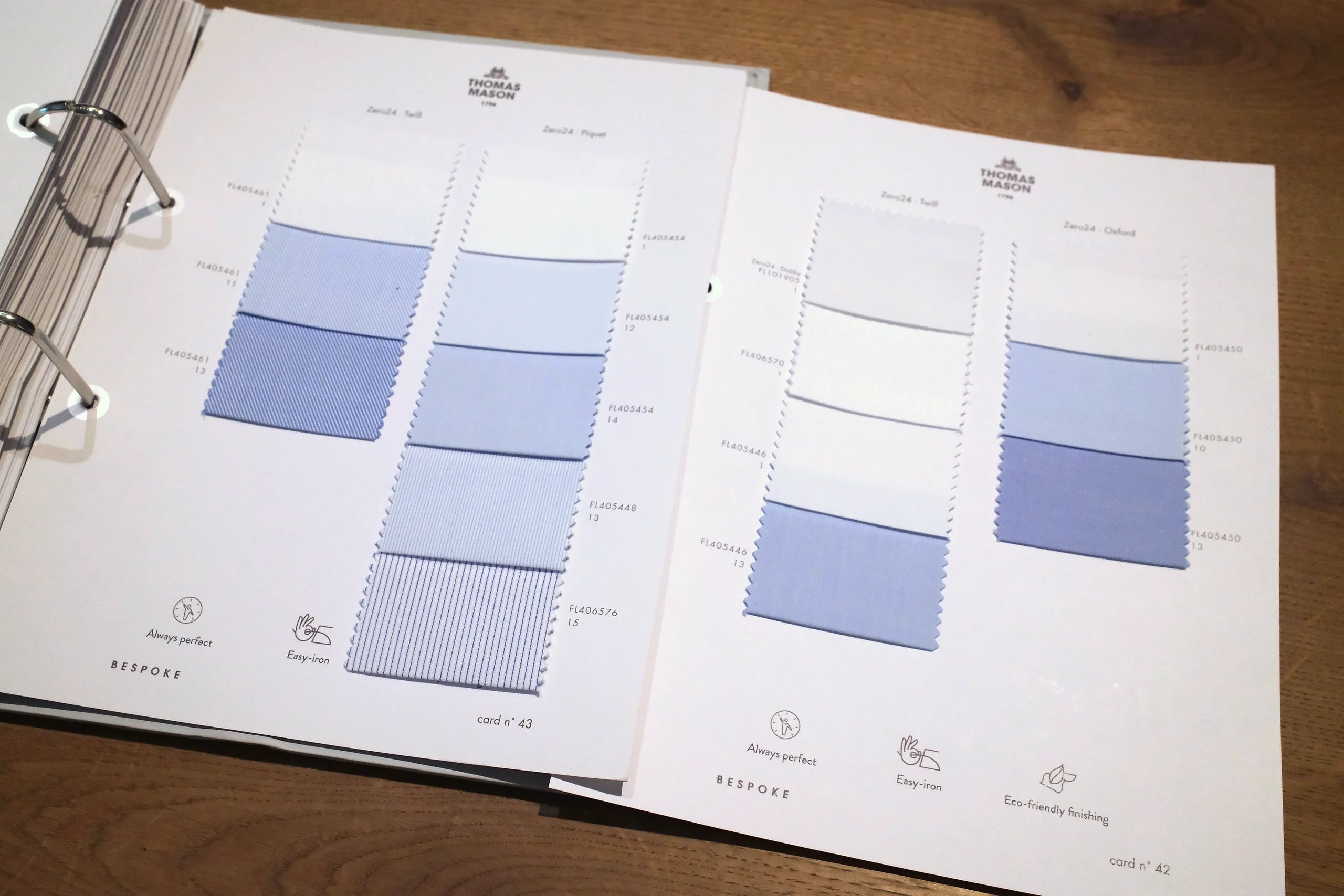 Thomas Mason Zero24 easy-iron shirting swatches in twill, piquet, dobby and oxford at Endel Tailor Bangkok