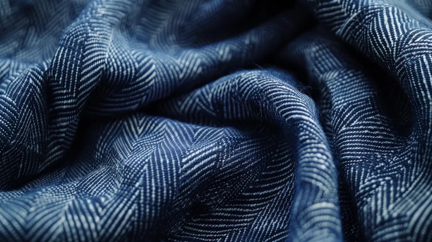 Breathable blue and white herringbone linen cloth draped to show its texture
