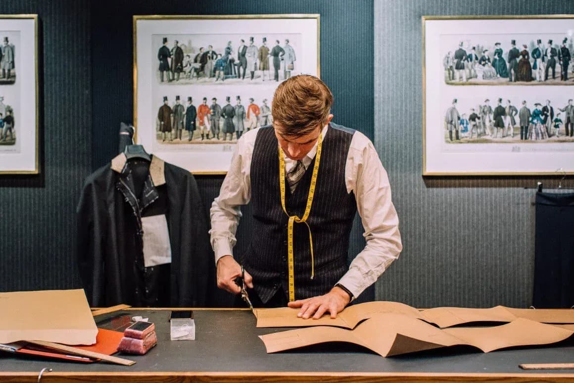 Tailor in a striped waistcoat cutting paper patterns at a workbench