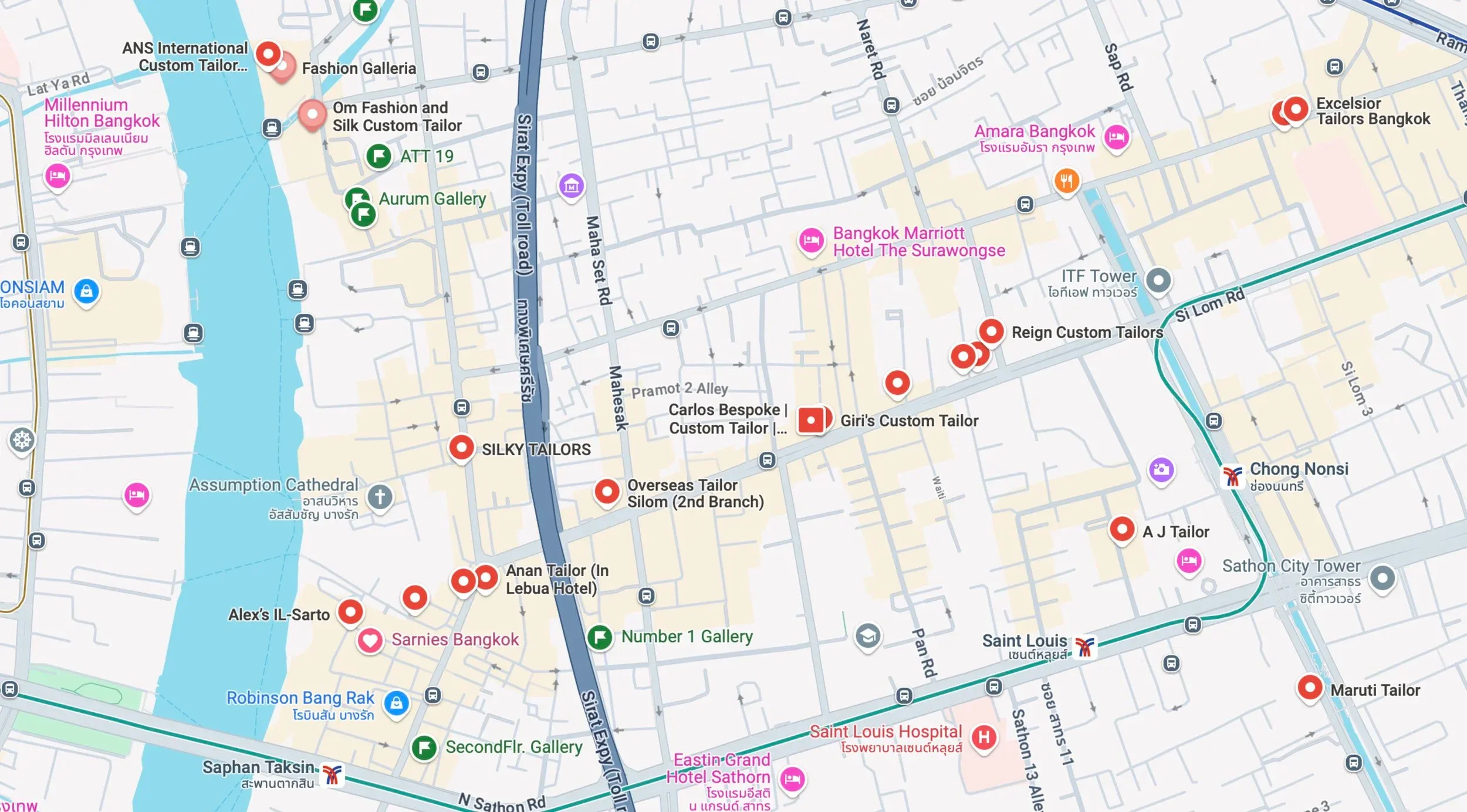 Google Maps screenshot of tailor locations across the Silom and Sathorn districts