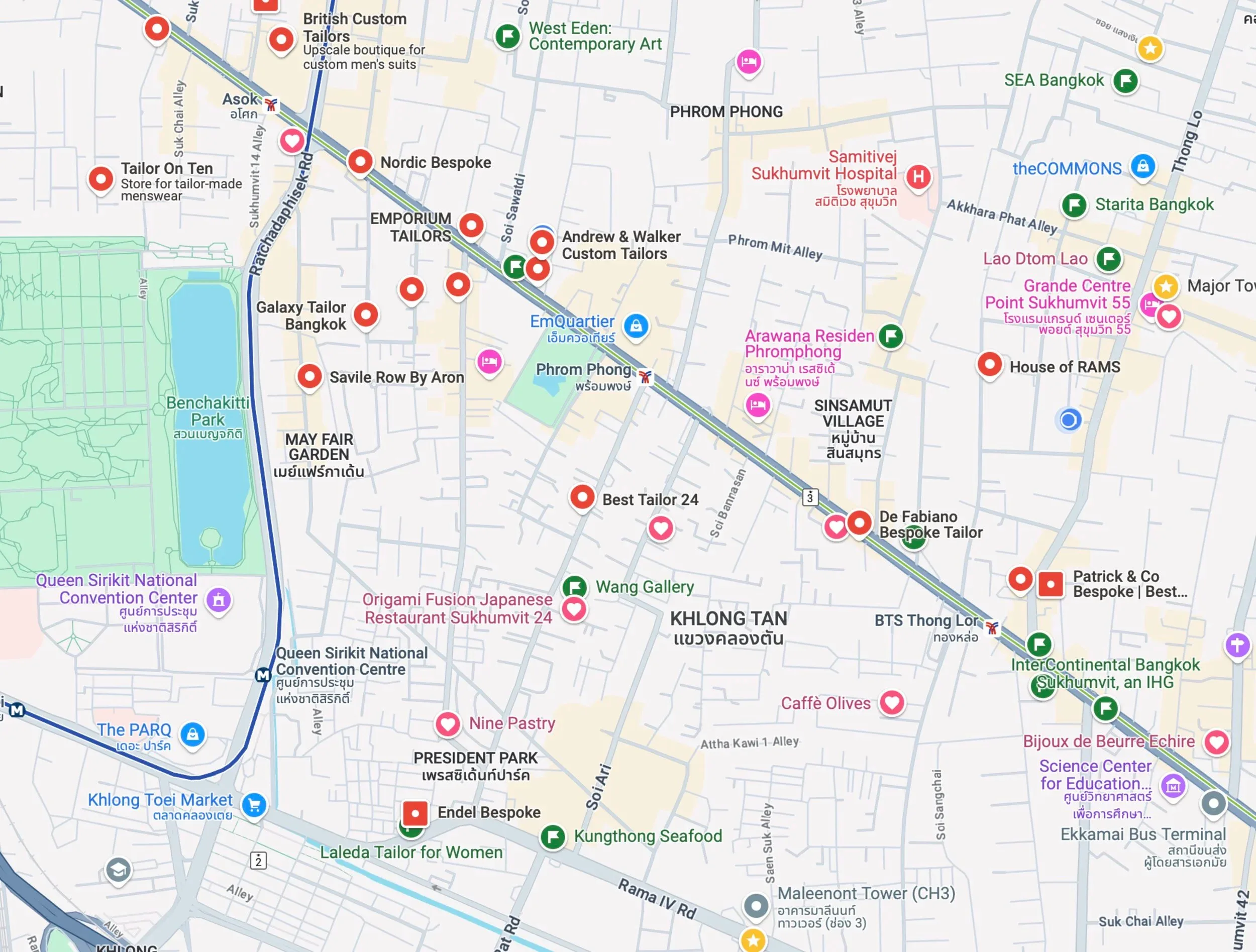 Google Maps screenshot of Bangkok showing custom tailor shops near Phrom Phong